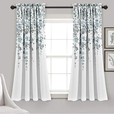 Image de Lot de rideaux occultants - Motif floral - Lot de 2 - Bleu clair/gris - Microfibre - Largeur 132 cm