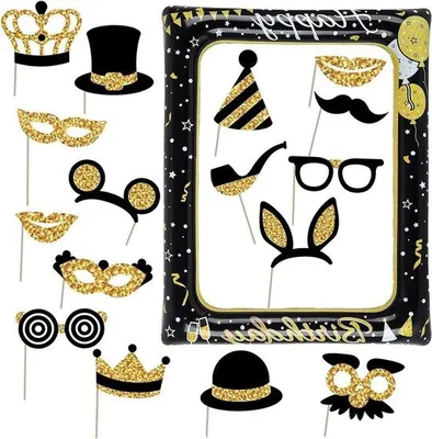 Produktbild von Foto Booth Set für Geburtstagsfeier, 17-teilig, Gold und Schwarz, aufblasbar