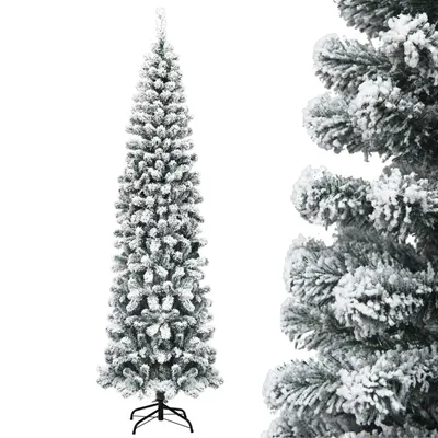 A tall, slender artificial Christmas tree with flocked branches, standing on a black metal stand against a white background. A close-up view of the flocked branches is shown to the right.