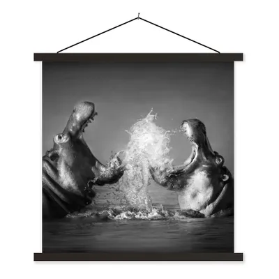 Produktbild von MuchoWow® Textilposter Tiere - Nilpferd - Wasser - Schwarz - Weiß 120x120 cm mit schwarzem Rahmen - Aufhängungsset