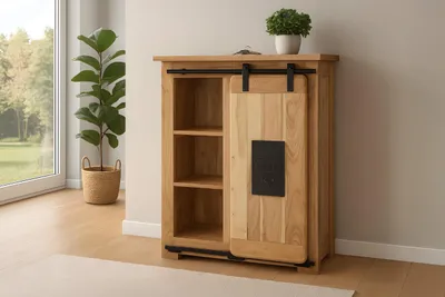 Produktbild von Sideboard Libro IV, Akazienholz massiv + naturfarben, Kommode mit Holzschiebetür, 2 Schubladen & 4 offenen Fächern, Griffe, Türelemente & Reling aus Eisen, 75 x 90 x 36 cm