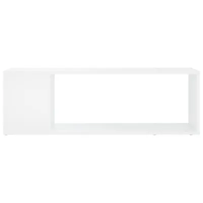 A white TV stand with an open shelf on the right and a closed compartment on the left.