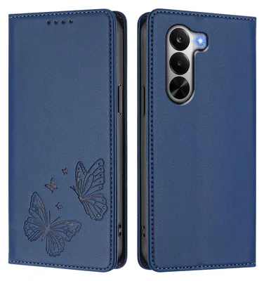 Image de Étui en cuir pour Realme P4x, étui de protection type portefeuille en cuir gaufré « papillon » avec support, bleu foncé