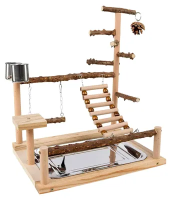Produktbild von Vogelspielplatzständer – Holzspielsitz, Futtertablett, Übungsstation. Vogelbaumständer mit Futterbechern | Aktivitätszentrum für Nymphensittiche, Sittiche, Finken, Lovebirds