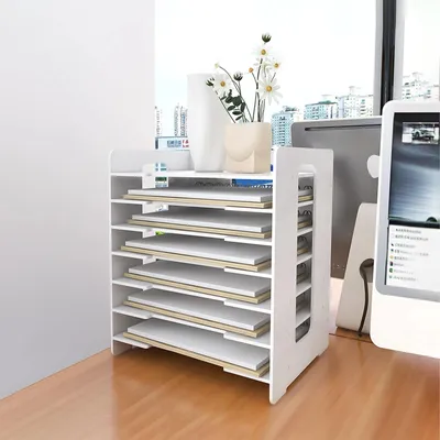 Zdjęcie produktu dla Organizator biurowy z 7 przegródkami, szuflada na format A4, pojemnik na dokumenty, idealny do biura domowego, szkoły i biura