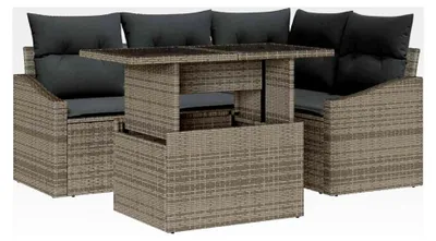 Produktbild von 5-teiliges Garten-Sofa-Set mit Kissen in Grau aus Poly-Rattan für den Außenbereich