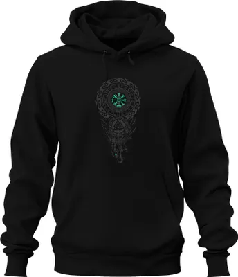 Obrázok produktu pre Vegvisir Viking Compass Nordic Runic Circle Valknut Fenris Wolf Uni mikina s kapucňou, čierna, 3XL