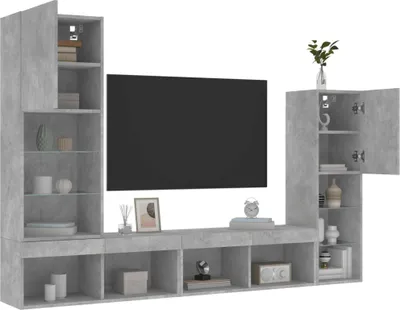 Produktbild von Schlichtes 4-tlg. Wohnwand mit LED-Beleuchtung Betongrau Holzwerkstoff TV-Schränke DE622872