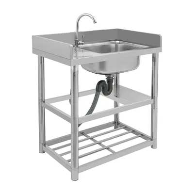 Productafbeelding van Roestvrijstalen keukenkraan, zilverkleurig, enkele spoelbak. Geschikt voor keukens, restaurants en bars. Maximaal draagvermogen: 100 kg. Vrijstaand model
