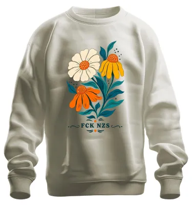 Immagine prodotto di Felpa girocollo vintage con stampa di girasoli, margherite e fiori di campo, stile audace e ironico, taglia M