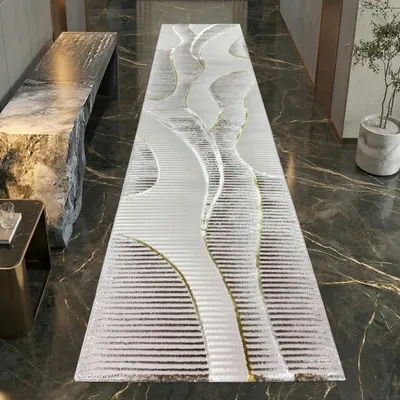 Immagine prodotto di Tappeto moderno a pelo corto crema linee curve con aspetto lucido per soggiorno camera da letto e corridoio Dimensioni - 80 x 300 cm