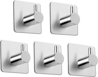 Image de Crochets porte-serviettes, lot de 5, crochets autocollants en acier inoxydable pour la salle de bains et la cuisine, pas besoin de percer, couleur argent