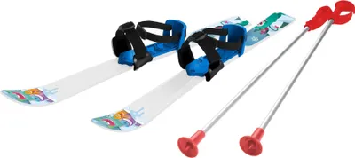A pair of children's skis and poles are displayed against a white background.