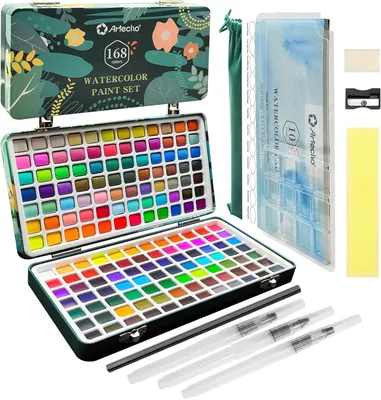 Produktbild von Artecho Aquarellfarben Wasserfarben Set - 168 Farben mit Pinseln und Zubehör - Inkl. Metall- und Neonfarben - Für Künstler, Hobbymaler & Einsteiger
