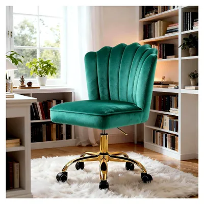 Produktbild von Homeoffice Stuhl, Schreibtischstuhl, Drehstuhl, Höhenverstellbar, Bürostuhl aus Samt mit goldenen Stuhlbeinen für Arbeitszimmer und Schlafzimmer, bis 135 kg belastbar (Grün)