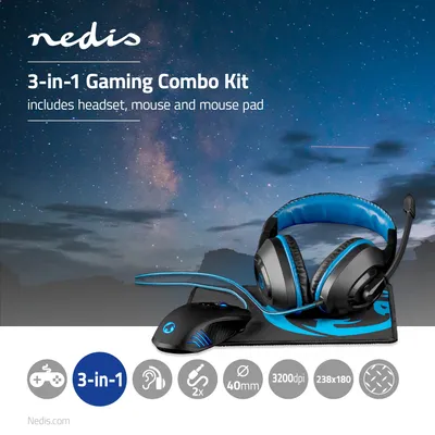 Immagine prodotto di Nedis Gaming Combo Kit | 3 in 1 | Cuffie, mouse e tappetino per mouse | Blu / Nero NE550706564