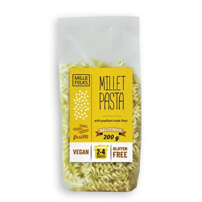 Produktbild von Mill & Folks Hirse Fusilli mit Kurkuma 200g / glutenfrei / vegan / ohne Zuckerzusatz