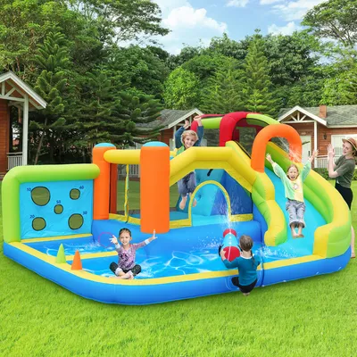 Produktbild von Dmuchany zamek dla dzieci Flieks ze zjeżdżalnią, basen do zabawy w parku wodnym z dmuchawą, dmuchany zamek z trampoliną, 410x315x203cm