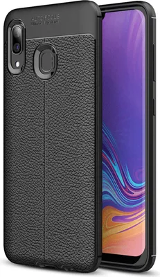A black leather-look phone case for a Samsung Galaxy A40 is shown with the phone partially visible inside.