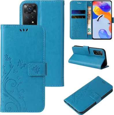 Collage of images showing a blue floral and butterfly patterned flip phone case for a Xiaomi Redmi Note 11 Pro.
