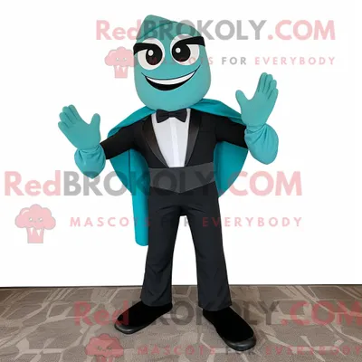 Productafbeelding van Mascottekarakter REDBROKOLY van een blauwgroen superheld gekleed met een smoking en stropdassen