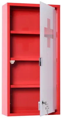 Image de Armoire de rangement en acier avec système d'ouverture par pression, armoire médicale verrouillable avec porte en verre, rouge | Verre de sécurité | 4 compartiments | 30 x 12 x 60 cm