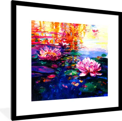 Produktbild von MuchoWow® Gerahmtes Poster Gemälde - Öl - Seerose - Wasser 40x40 cm - Poster mit Schwarzem Bilderrahmen Wandposter Rahmen Foto Bilder - Poster - Plakat im Rahmen