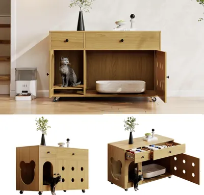 Productafbeelding van Kattenbakkast Hout - Montage - 26.1 kg - 100x45x66 cm - Mobiele Kattenbak - Stille Zwenkwielen