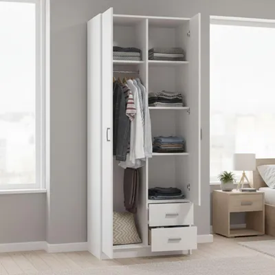 Image de Cimena - Armoire 2 portes, 80x205h cm Blanc, Portemanteaux