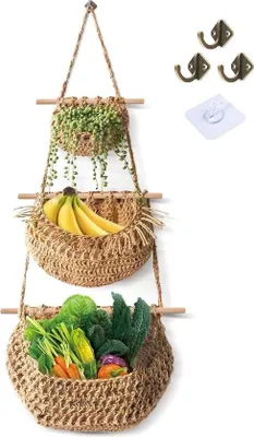 Produktbild von Hängender Obstkorb, 3 Etagen über der Tür, hängender Jutekorb, handgewebte Jute für Küche, Wohnzimmer, Badezimmer (Juta)