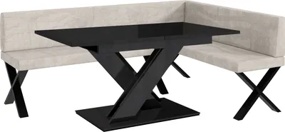 Produktbild von MEBLINI Eckbank für Esszimmer mit ausziehbarem Tisch  - Küchenbank - Essecke - Sitzecke Küche - TONI - X-Beine 142x196x87cm Rechts - Beige Samt/B Schwarz Hochgl.