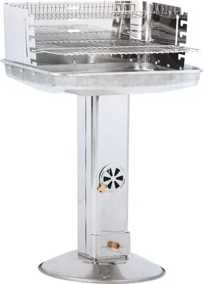 A stainless steel charcoal grill on a pedestal stand.