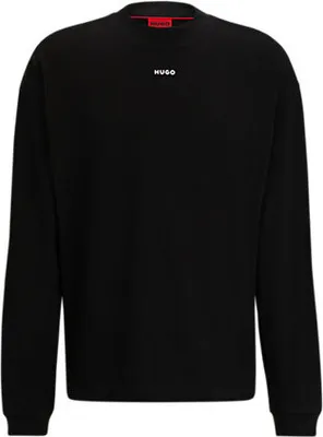 A black long-sleeved shirt with a small white logo on the chest.