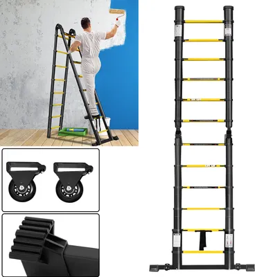 Zdjęcie produktu dla YARDIN drabina składana pojedyncza drabina teleskopowa drabina wysuwana aluminiowa konstrukcja teleskopowa drabina wielofunkcyjna, 16 szczebli - od 90 cm do 5 m drabina pojedyncza, udźwig 150 kg żółto-czarny