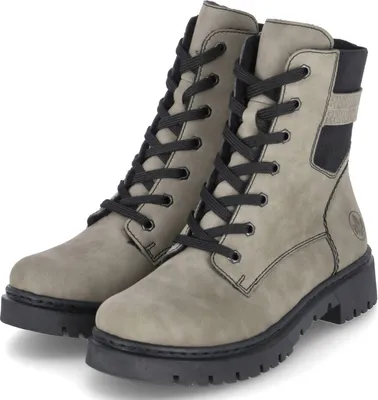 A pair of gray lace-up boots with black laces and soles, shown against a white background.