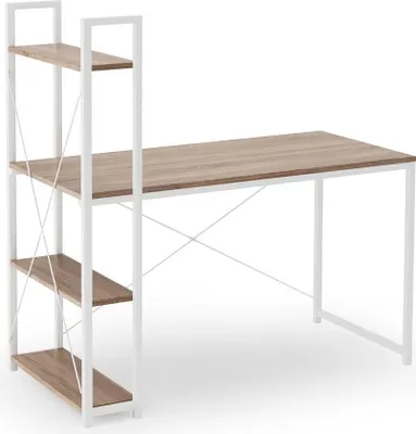 A studio shot of a desk with shelves.