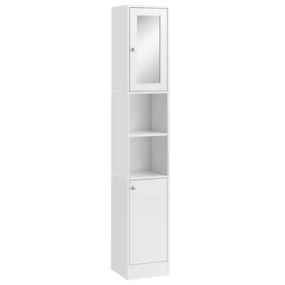 Produktbild von Kleankin Hoher Badezimmerschrank mit Spiegel, Badezimmer-Säulenmöbel aus Holz mit 2 offenen Regalen, 2 Türen und verstellbaren Innenregalen, 30 x 28 x 180 cm, Weiß