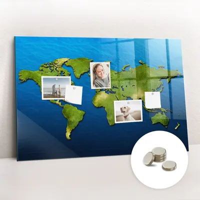 Obrázek produktu pro Magnetická Tabule na Zeď Skleněná - Memo Board Kleněnou Přední Stranou - 5 magnetů v balení - 90x60 cm - Mapa světa