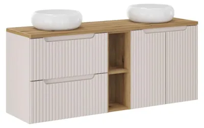 Produktbild von Set VANO Kaschmir und Eiche 140cm: Unterschrankmöbel mit Schubladen und Schränken mit sichtbaren Nischen + runde Aufsatzwaschbecken