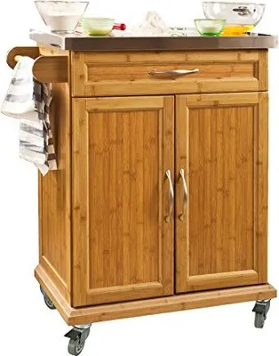 Image de Armoire de cuisine en bambou Rootz – Rangement de cuisine – Chariot – avec surface en acier inoxydable