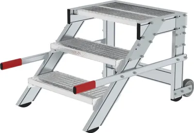Produktbild von Arbeitspodest fahrbar | Stufenbreite 60cm | 3 Stufen | Stahl-Gitterros | Rutschfeste Kunststoffschuhe