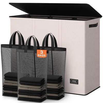 Image de SolidKeus - Panier à linge pliable extra-large avec couvercle et 3 compartiments