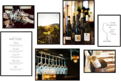 Produktbild von Hyggelig Home Premium Poster Set - 7 passende Bilder OHNE RAHMEN im stilvollen Set - Collage Bild Küche Wand Deko - 3 x DIN A3 + 4 x DIN A4 - Set Wein