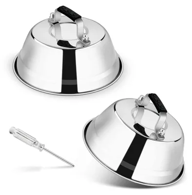 Produktbild von Burger Dome, 2-teiliges Burgerdome-Set aus Edelstahl mit hitzebeständigem Silikongriff, schmelzbares Burgerdome-Set zum Grillen von Hamburgern, Steaks und Teppanyaki, für den Innen- und Außenbereich, spülmaschinenfest, 16,7 x 5,8 cm
