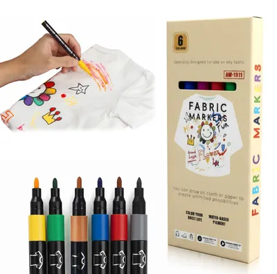 Productafbeelding van Textielstiften - set van 6, permanent en wasmachinebestendig - voor T-shirts en stoffen - met fijne punt, geschikt voor kinderen, volwassenen en kunstenaars
