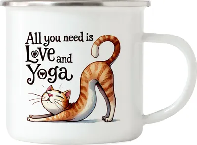 Produktbild von All You Need Is Love And Yoga Emaille-Tasse Geschenkidee für Yoga-Liebhaber Katzenfans Entspannung Stressabbau