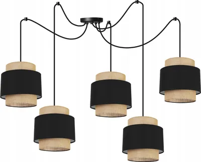 Produktbild von Boho Spider Hängelampe - Deckenlampe - Pendelleuchte aus Metall mit Lampenschirm aus Stoff - E27 - 5-Flammig - Schwarz und Jute
