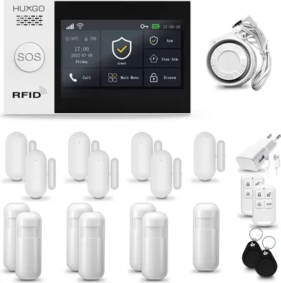 Produktbild von HUXGO HXA007 Alarmanlage Haus WiFi + GSM 2G mit Sirene, Alarm System mit 7x Bewegungssensor und 7x Tür- Fenstersensor, Alarmanlage für Wohnung, Haus, Garage, Tuya Smartlife App