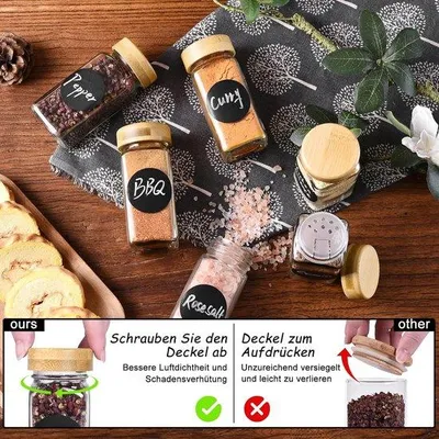 Image de Lot de pots à herbes aromatiques, 120 ml, couvercle en bois, bambou, étiquettes, 10,5 x 4,5 cm