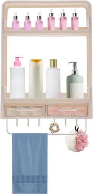 A bathroom shelf organizer with various toiletries and a towel hanging from it.